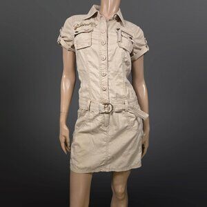 Y2K Khaki Cargo Mini Dress Size 6 EDC by ESPRIT Belted Short Sleeve Flap Pockets